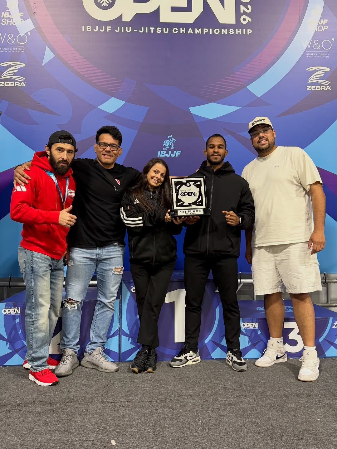 Gracie Barra Boca Raton team at IBJJF Miami Open holding the 1st place trophy